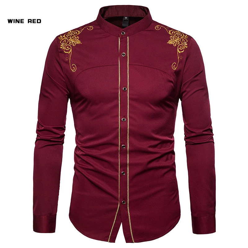 Spring Fashion Mens Long Sleeve Shirt Men European and American Embroidered Shirts Male Casual Social Wedding Party 240615