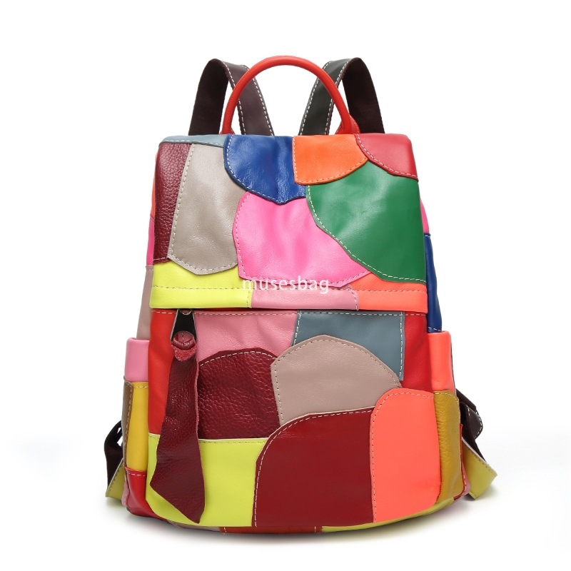 High quality women's high-end fashion casual sheepskin backpack fashionable leather patchwork backpack portable shoulder bag practical large capa