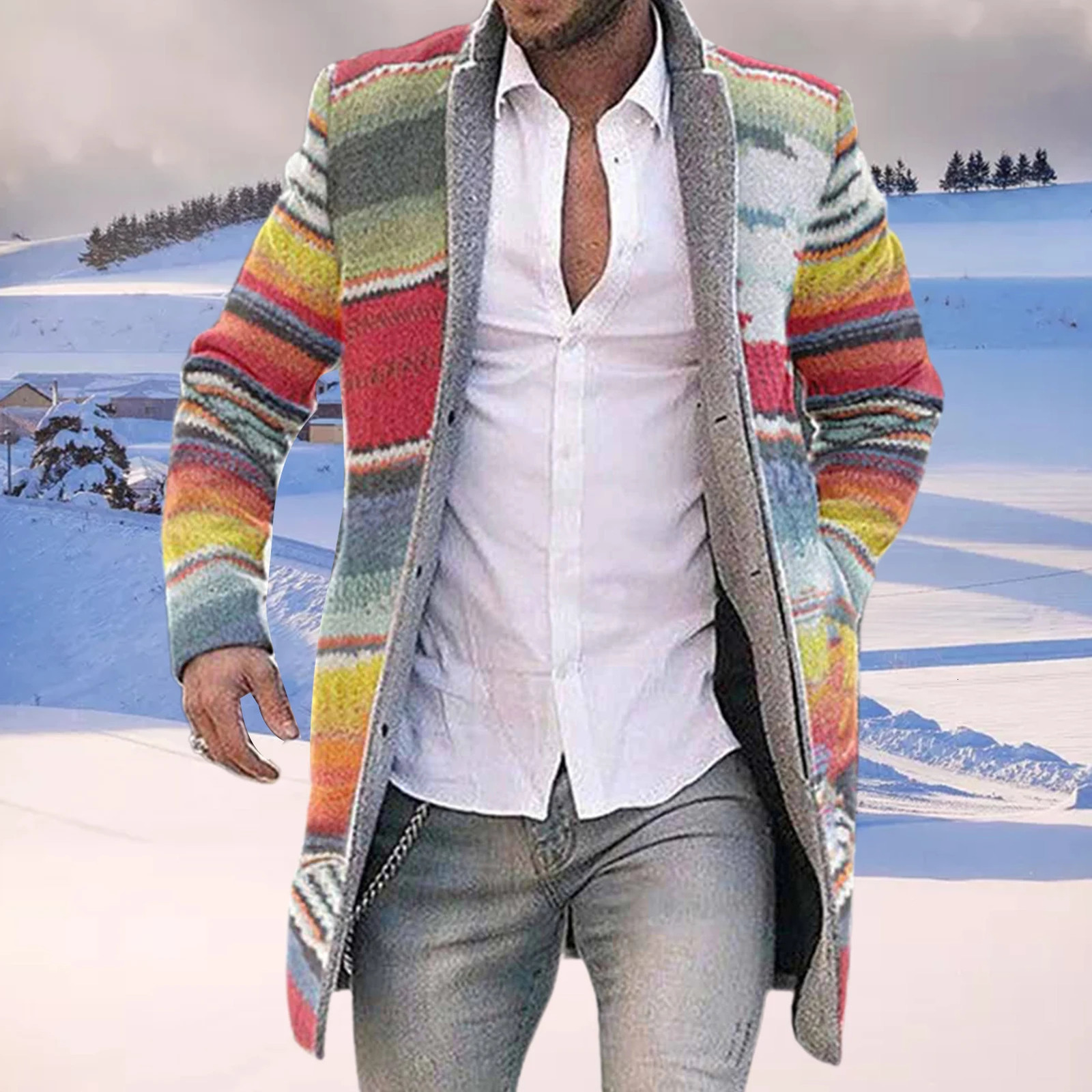 Men Autumn Winter Open Front Trench Coat Vintage Long Sleeve Rainbow Stripes Casual Overcoat Plus Size 4XL Windbreaker NICE 240701