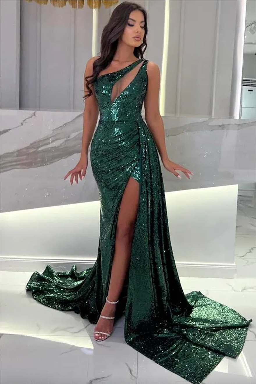 Dark Green Sequined Split Evening Dresses Sexy One Shoulder Keyhole Neck Mermaid Women Prom Party Gowns Arabic Aso EBI Occasion Robes