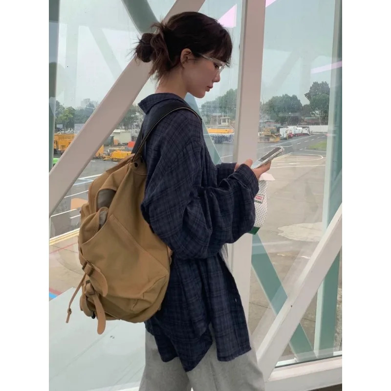 QWEEK Korean Style Oversized Vintage Plaid Shirts Casual Basic Womens Blouses Long Sleeve Fashion Button Up Youthful Autumn 240704