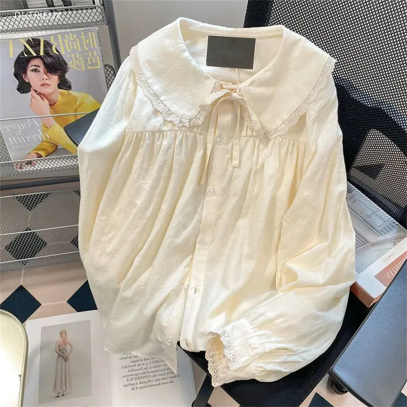 Japanese Kawaii Womens Blouse Lace Oversized Shirt Long Sleeve Tops Female Korean Fairycore Chic Spring Aesthetic Blusas 240704