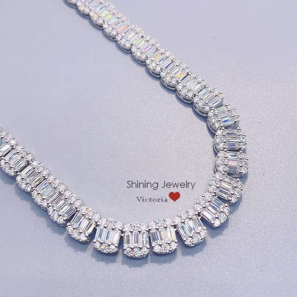 Real 925 Sterling Silver 9mm Tennis Chain Baguette Diamond Necklace