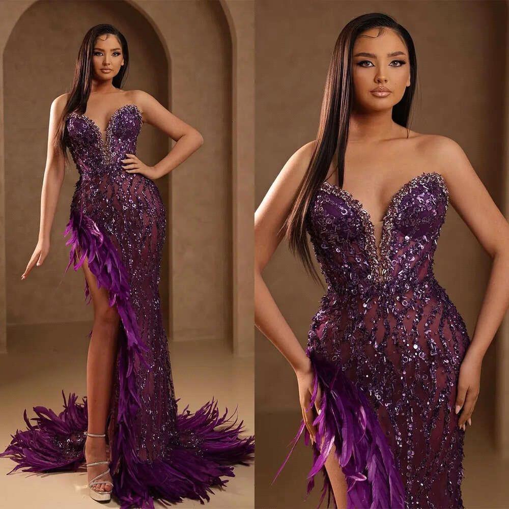 Sexy Gorgeous Lace Or Length Prom Dress Sweetheart Sequins High Side Split Feathers Special Evening Dresses BC