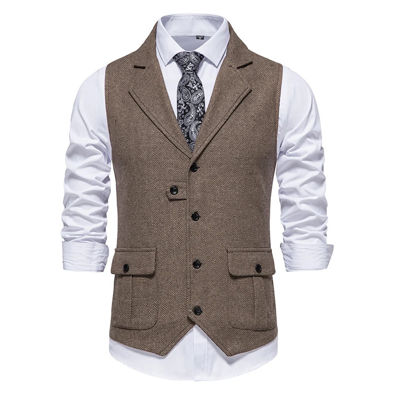 Men Suit Vest Herringbone Fabric Waistcoat Business Wedding Casual Turndown Collar Mens Dress Blazer Vests Formal Party V07 240615