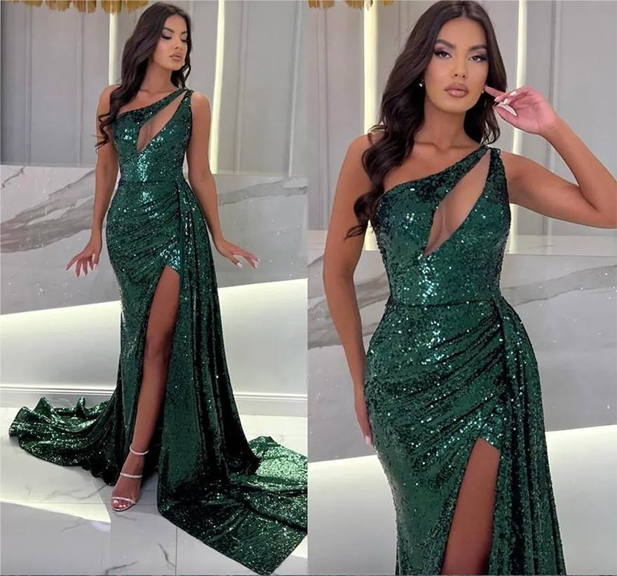 Dark Green Sequined Split Evening Dresses Sexy One Shoulder Keyhole Neck Mermaid Women Prom Party Gowns Arabic Aso EBI Occasion Robes