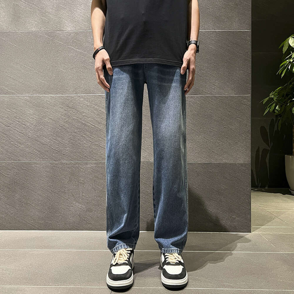 Blue jeans men's summer micro flared straight tube American vibe pants high street washed F7.4#38.22