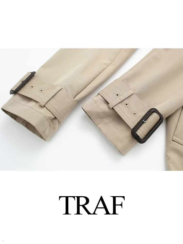 TRAF Womens Fashion Autumn Slim Trench Coats Solid Turn-Down Collar Long Sleeves Belt Decoration Double Breasted Female Coats 240703