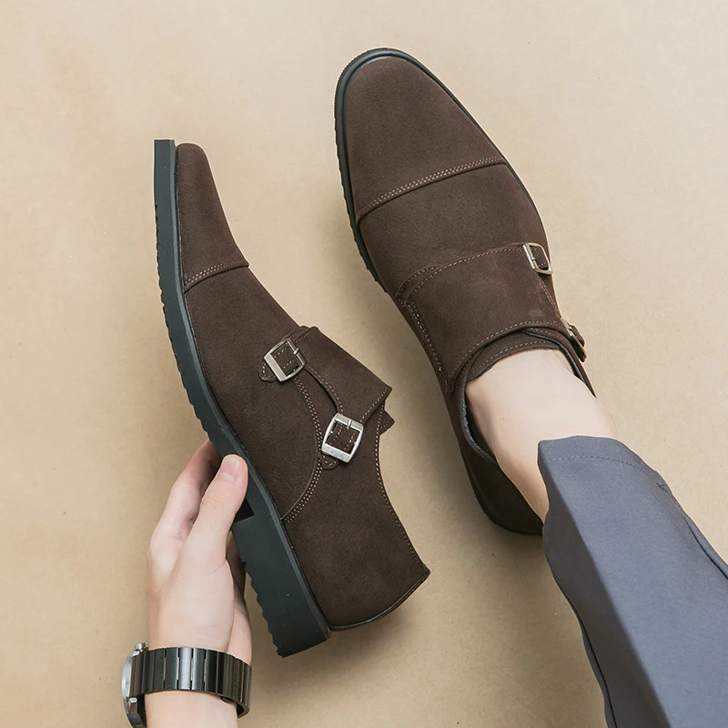 Brown Loafers Flock Double Buckle Monk Shoes Black Square Toe Slip-On Business Men Dress Shoes Size 38-46 240703