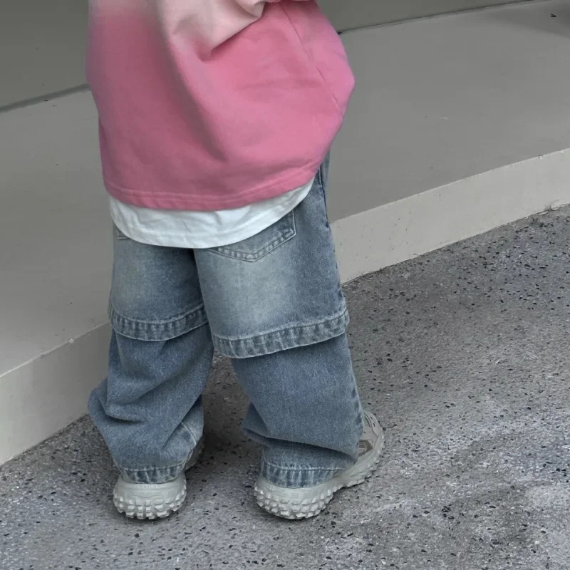 Autumn Kids pants vintage children patchwork ripped jeans Boys loose casual denim pants 240703