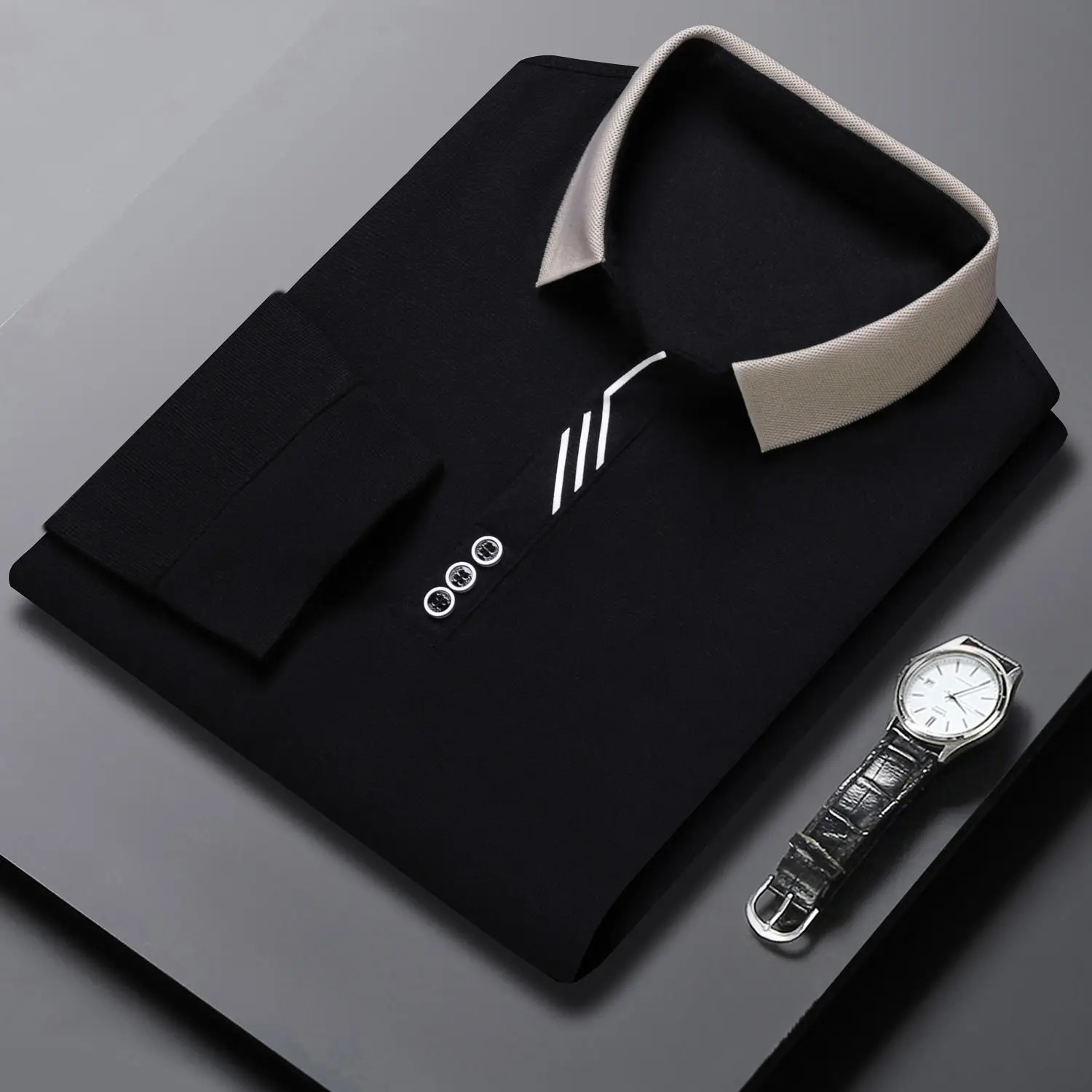 Spring and Autumn Simplicity Buttons Solid Color Turndown Collar Long Sleeve Polo Shirts Mens Clothing Smart Casual TShirt 240702