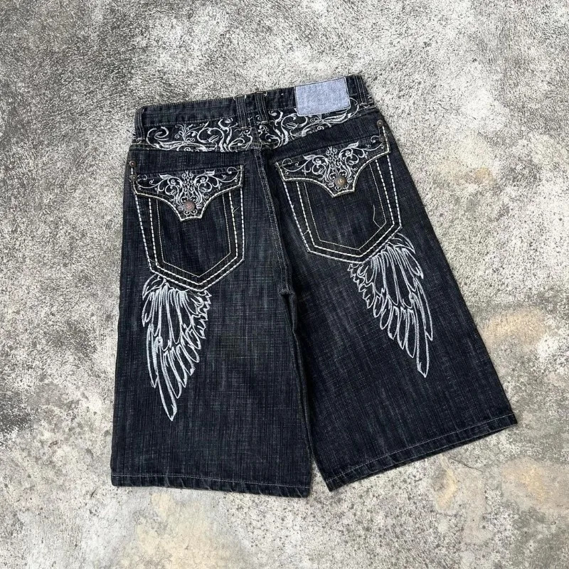 2024 European American retro denim shorts hiphop Y2K fivepoint pants personality trend washed for street wear 240626