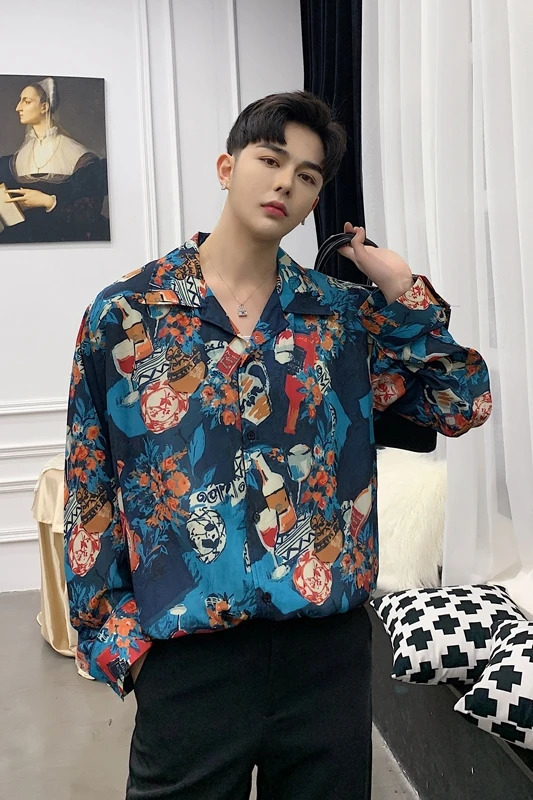 M-XXXL Unique Distinct Men Graffiti Print Blouse Male Vintage Travel Streetwear Tops Shirts Banquet Dinner Date Shirts 240615