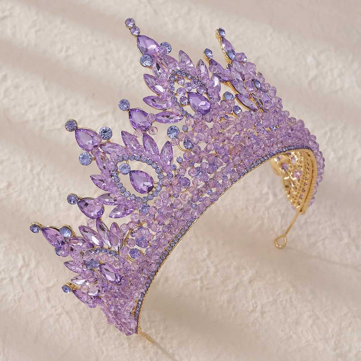 Tiaras Elegant Handmade Crystal Beads Wedding Tiara Green Blue Red Purple Gold Headdress Headpieces Bride Pageant Crown for Queen Women