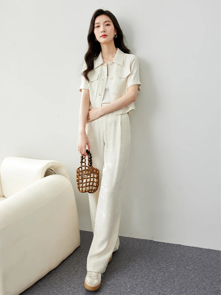 VIMLY Womens Solid Pants Set Summer Simple Turtleneck Cardigan TShirt TopStraight Slim Blazer Two Piece 240702
