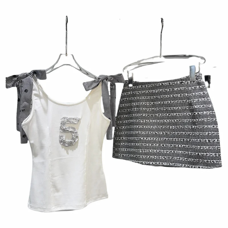 PREPOMP 2024 Summer Arrival Sleeve Striped Bandage Tank Top Vest Tweed Short Skirt Two Piece Set Women Outfits GR254 240702