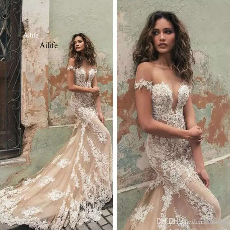 Champagne Mermaid Dresses 2019 Off Shoulder Lace White Applique Dress Count Train Wedding Berta Bridal Gowns Vestidos 0704