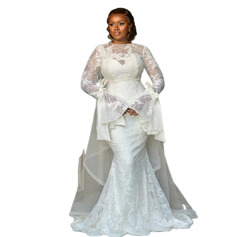 Flare Long Sleeves Lace Mermaid Wedding Dresses Appliques Jewel Neck Plus Size Bridal Gowns 2024 Elegant Ivory Bride Vestido de Novia