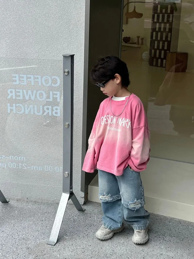 Autumn Kids pants vintage children patchwork ripped jeans Boys loose casual denim pants 240703