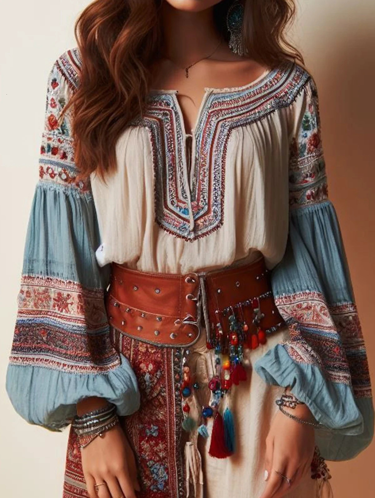 Lantern Sleeves Boho Blouse Floral Pattern Drawstring O Neck Hollow Ethnic Style Women Tops Spring Summer Autumn Chic Blouses 240627