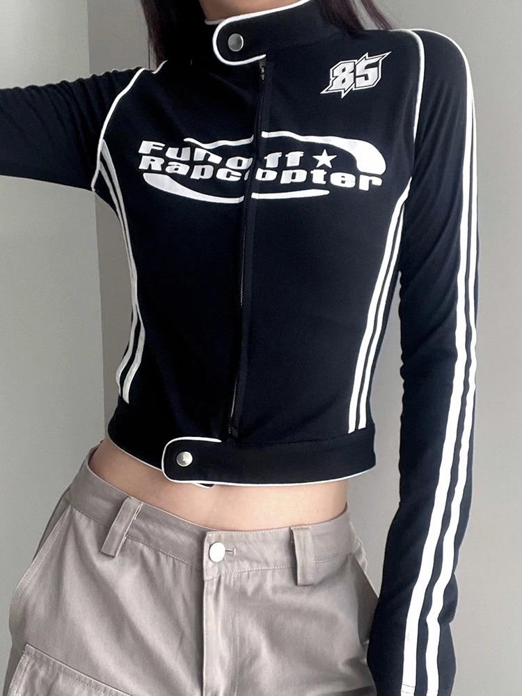 Rockmore Striped Cropped Jackets Y2K Streetwear Moto Biker Style Harajuku Zip Up Slim Print Coats Women Fall Casual Outerwear 240625