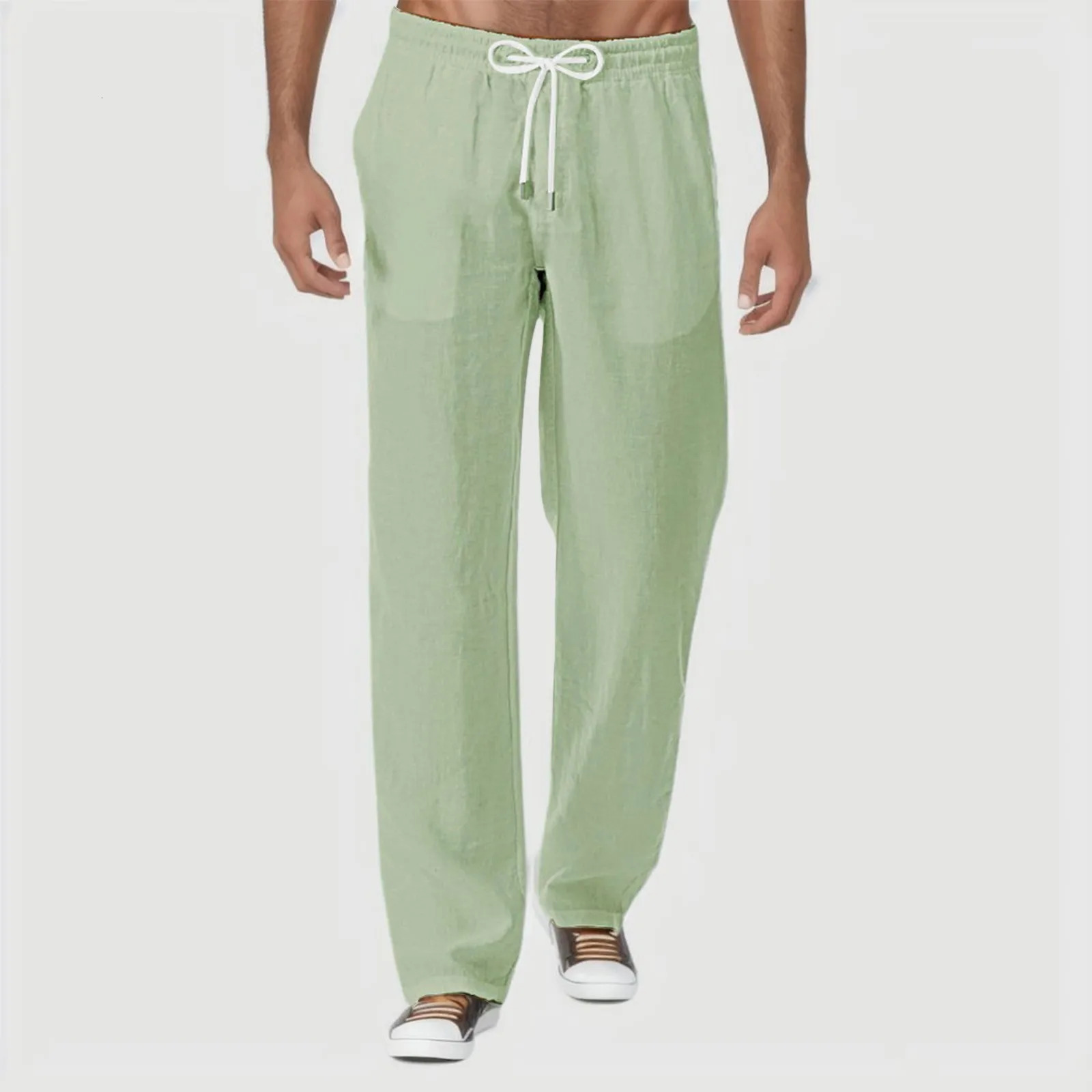 Summer Mens Casual Fashion Pants Natural Cotton Polyester Trousers White Elastic Waist Straight Pant 240703