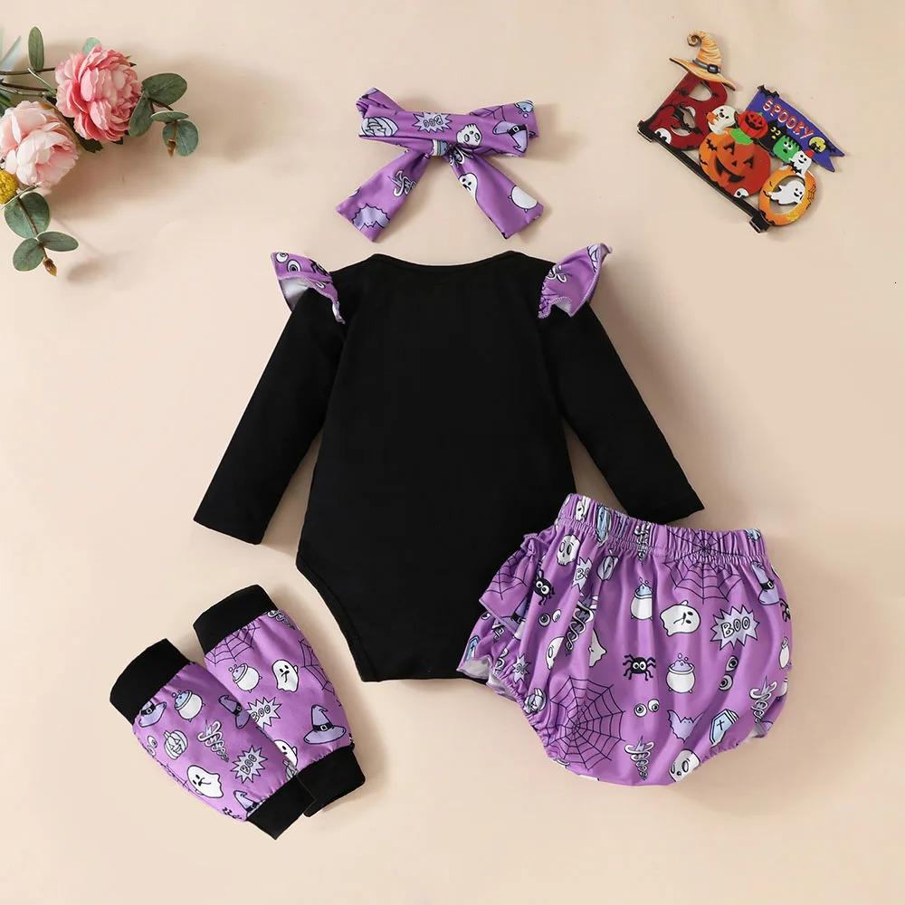 MILANCEL 4PCSBaby Halloween Clothes Ruffle Ghost One Piece Scary Bloomers And Headbands Baby Set 240625