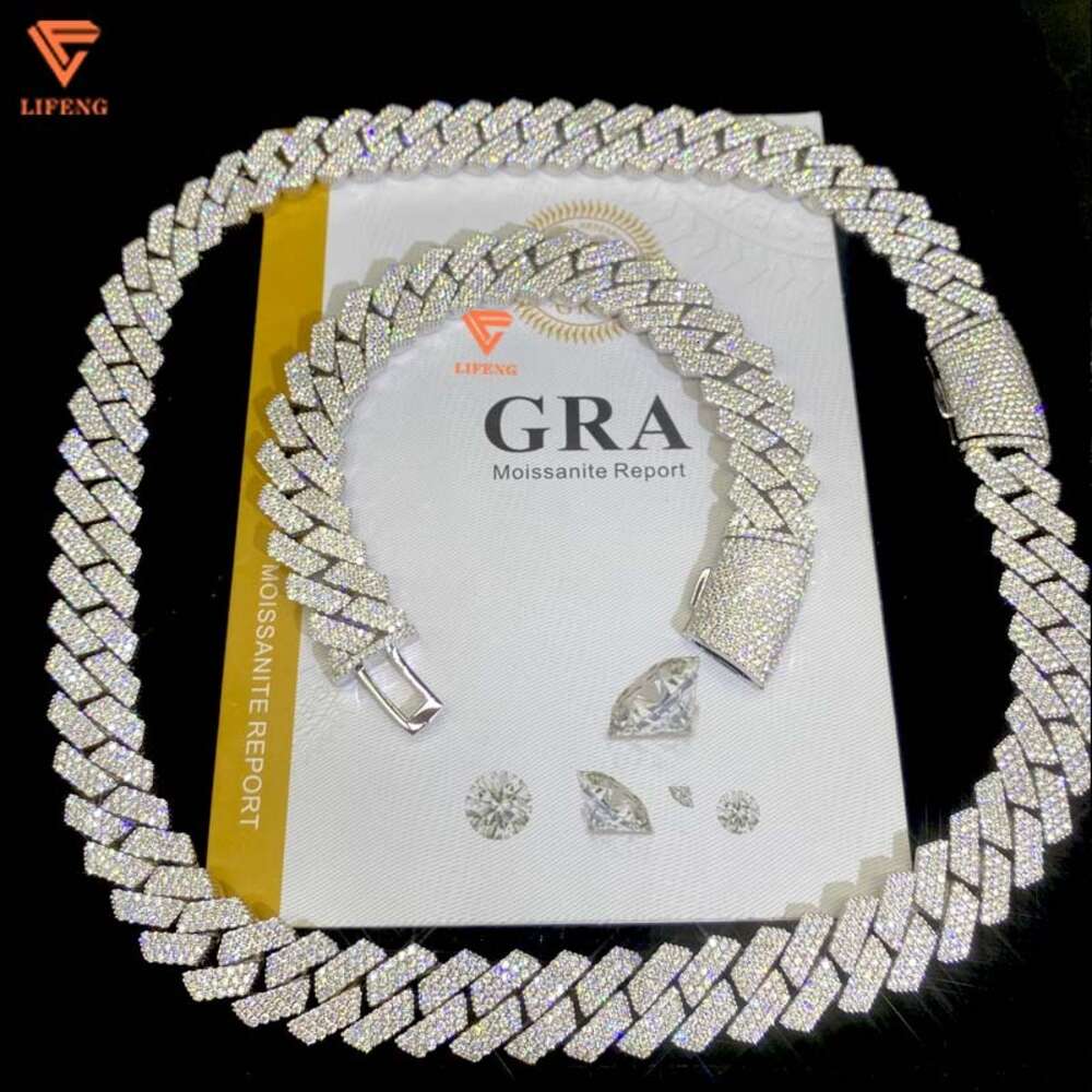 Ice Out 15mm 3row Vvs Moissanite Necklace Cuban Link Chain Handset Diamond Solid Sterling Silver Hiphop Men Cuban Chain Bracelet