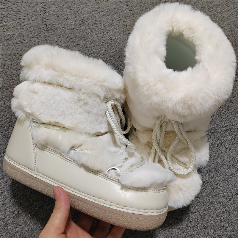2024 Winter Long Women Rabbit Snow Brand Platform Lace-Up Fluffy Furry Fur Ski Female Warm Cotton Boots