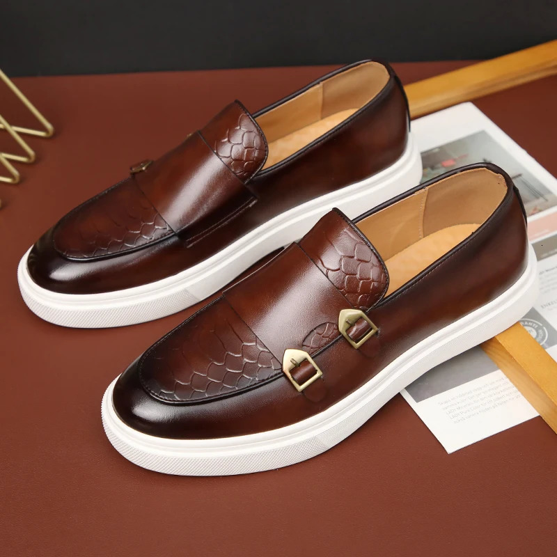 Britain Retro Fashion Mens Black Brown Flats Monk Strap Leather Shoes Casual Loafers Formal Dress Footwear Zapatos Hombre 240703