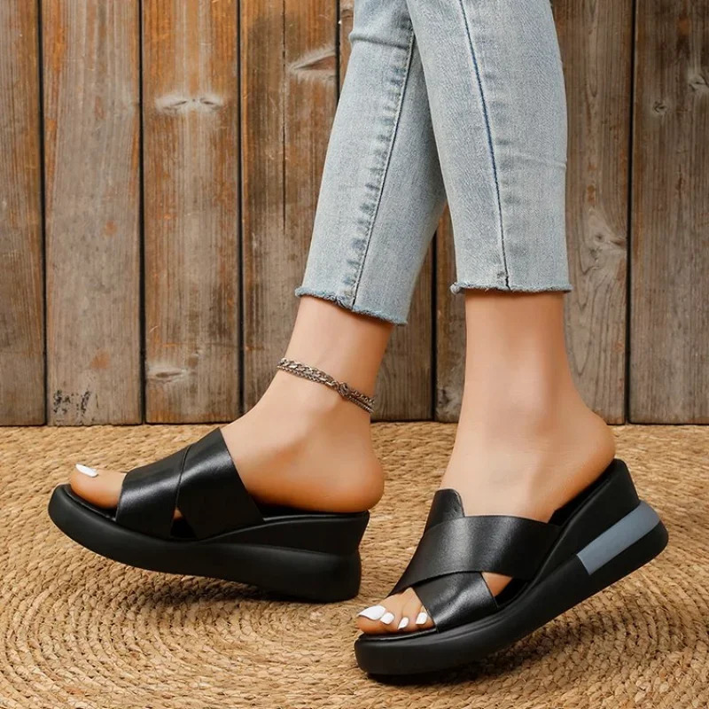 Wedge Heel Sandals Womens 2024 Summer Fashion Muffin Open-toe Fairy Style Outside Wear Thick-soled Shoes Women 240704