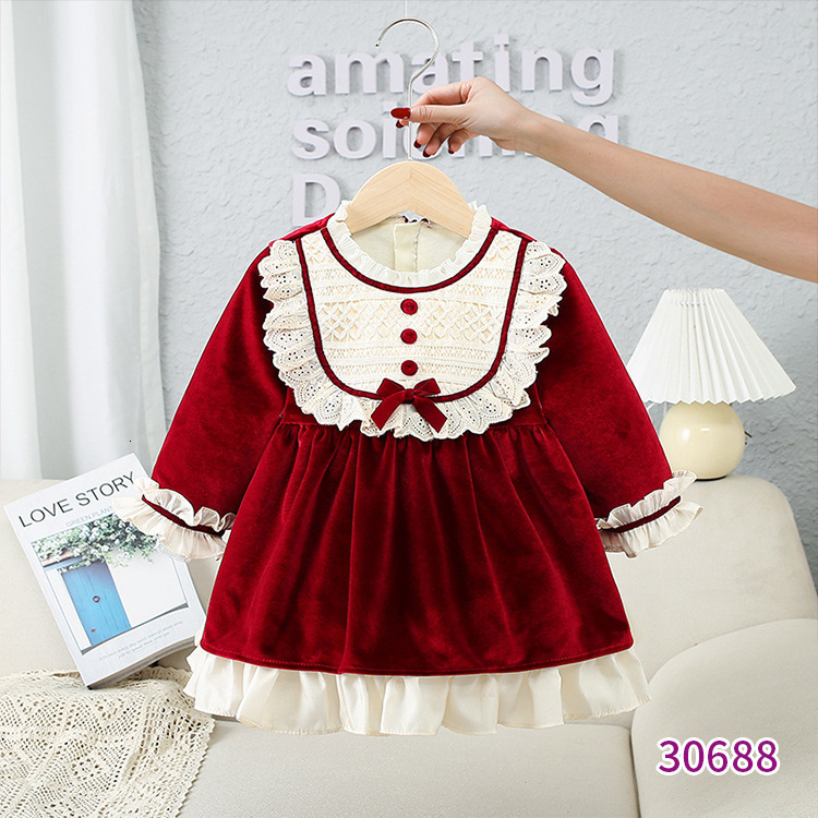 Toddler Girl Red Vintage Velvet Dress Children Lace Bow Lolita Princess Dresses Baby Christmas Frocks Kids Spanish Vestidos 210615