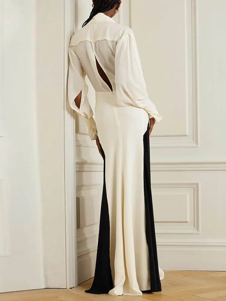 Onecozyday Women Summer Thin Dress Deep V-neck Long Sleeve Loose Fit Party Dresses Contrast Color Wrap Dress for Urban Female 240703