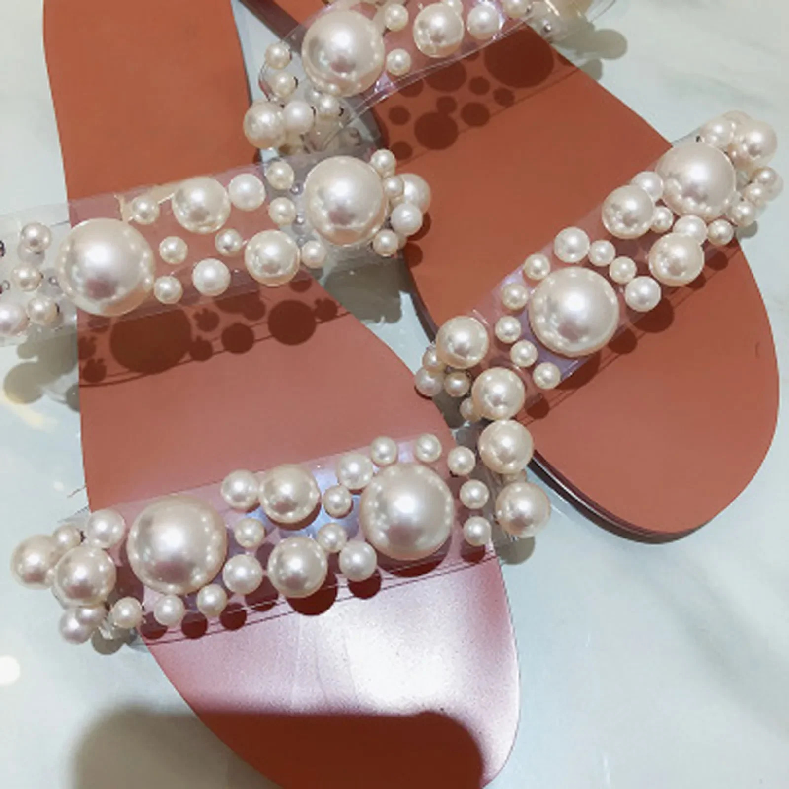 Women Bohemian Pearl Slippers Flat Bottom Sandals Summer Open Toe Ladies Shoes Crystal Shoes 240704