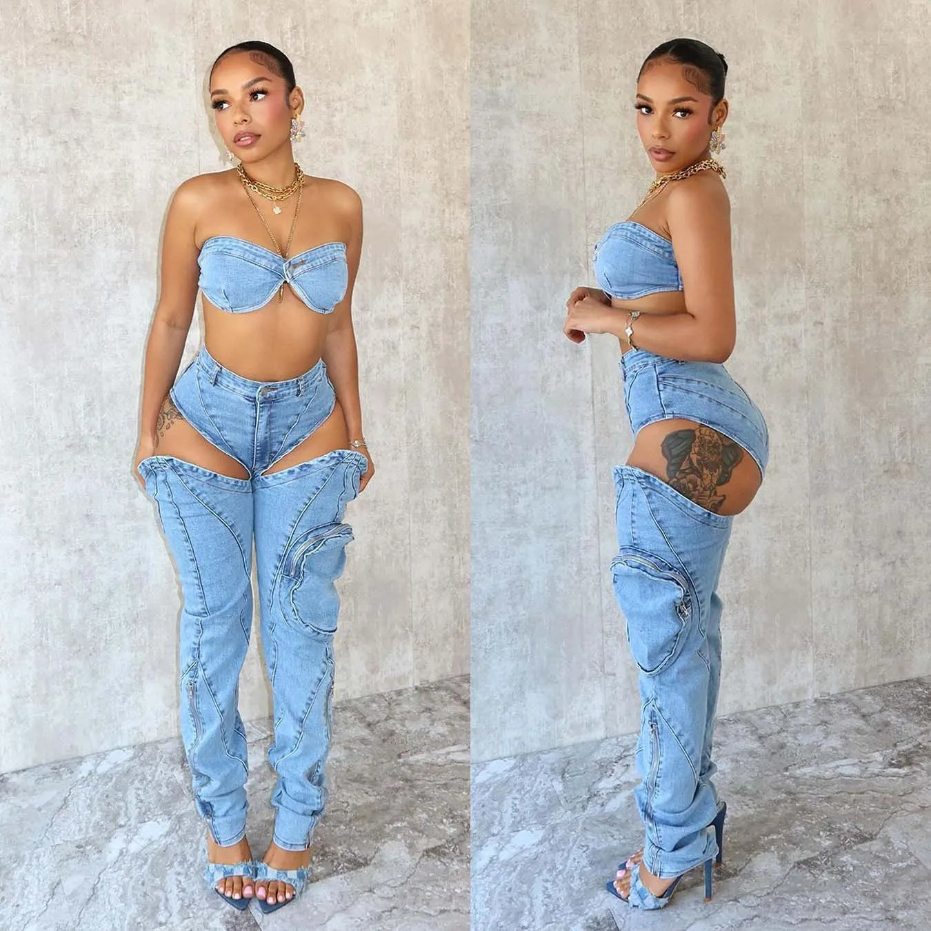 Sexy Denim Bikini Tops Two Piece Sets Matching Outfits 2024 Y2K Streetwear Women Pencil Jean Pant Summer 2 240702
