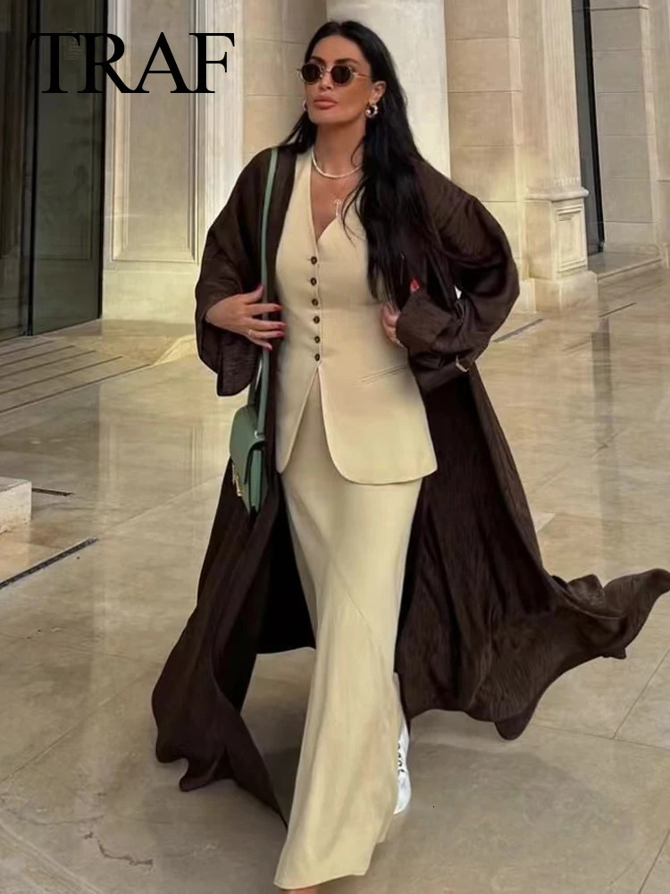 TRAF Women Fashion Summer Vest Skirt Sets Khaki VNeck Sleeveless Pockets WaistcoatsHigh Waist Asymmetrical Suits 240704