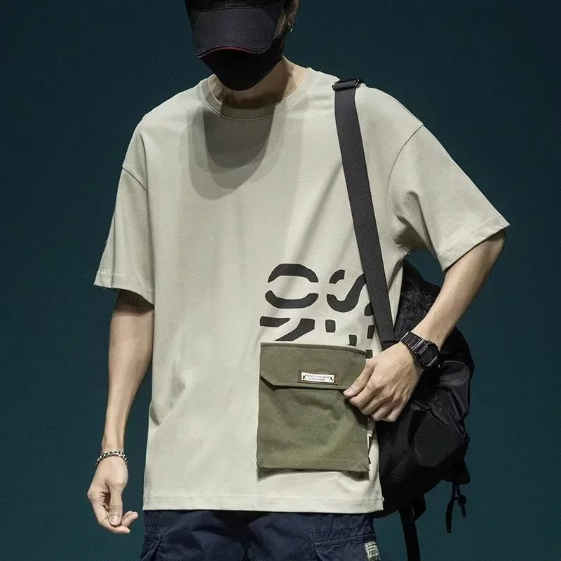 Summer Mens Short Sleeve Letter Printed T-shirt With Cargo Pocket Casual Cotton O-Neck Tops Y2K Streetwear Oversized Tee Shirts 240703