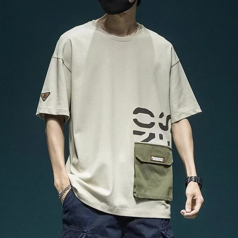 Summer Mens Short Sleeve Letter Printed T-shirt With Cargo Pocket Casual Cotton O-Neck Tops Y2K Streetwear Oversized Tee Shirts 240703