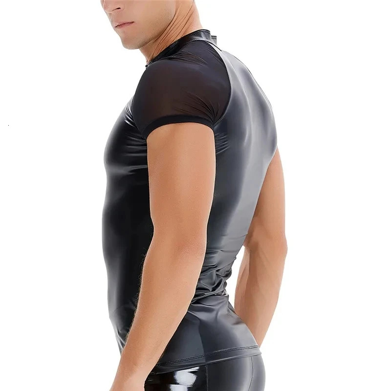 Man Leather Bodysuit PU Shapewear Corset Shirt Workout Tops Short Sleeve Sauna Suit Underwear Premium Slimming Shapewear 240703