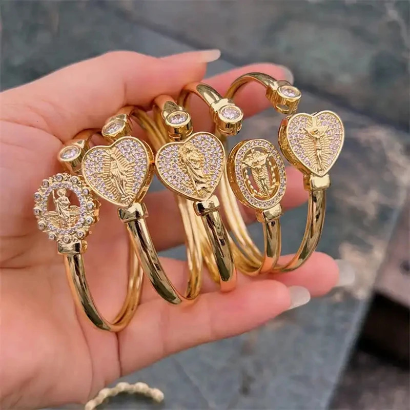 5Pcs Elegant Gold Plated Religious jewelry Cubic Zirconia Pave Open Cuff Women Trendy Jesus Mary Bracelet Bangles Wedding Gift 240626