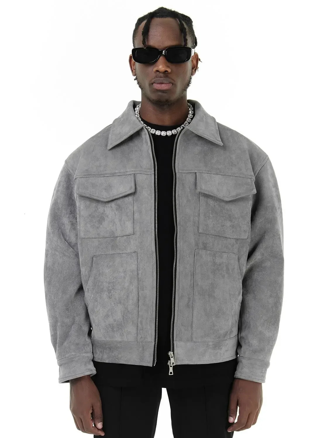 Vintage High Street Suede Material Crock Jacket With Zipper Lapel Casual Short For Men 240702