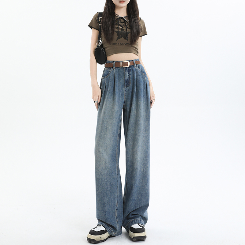 Nostalgic denim wide women's high waisted loose and slimming pleated design F7.4#67