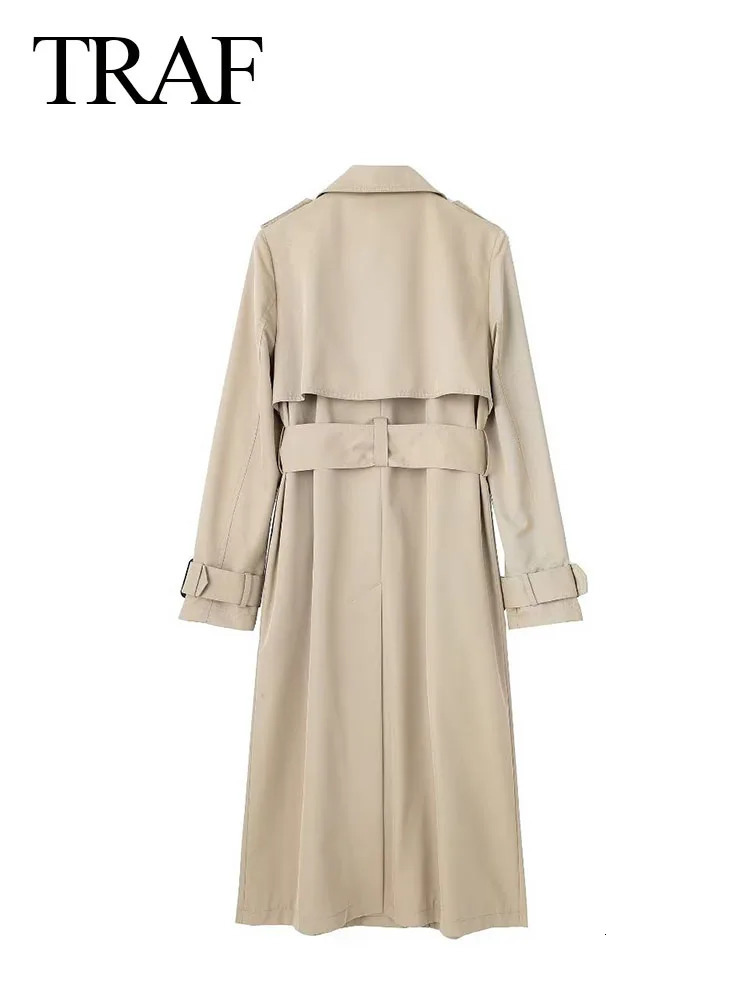 TRAF Womens Fashion Autumn Slim Trench Coats Solid Turn-Down Collar Long Sleeves Belt Decoration Double Breasted Female Coats 240703