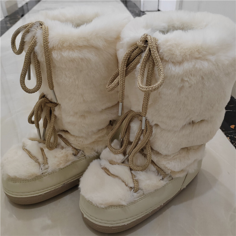 2024 Winter Long Women Rabbit Snow Brand Platform Lace-Up Fluffy Furry Fur Ski Female Warm Cotton Boots