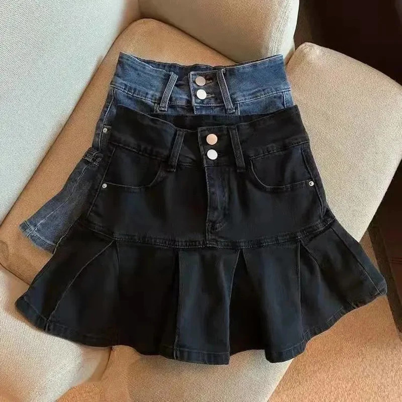 Spring Autumn Girls Pleated Skirt Baby Denim Skirt Kids Skort Children Fashion Bottoms Ruched Soft 3-14Y Blue Skirt 240703