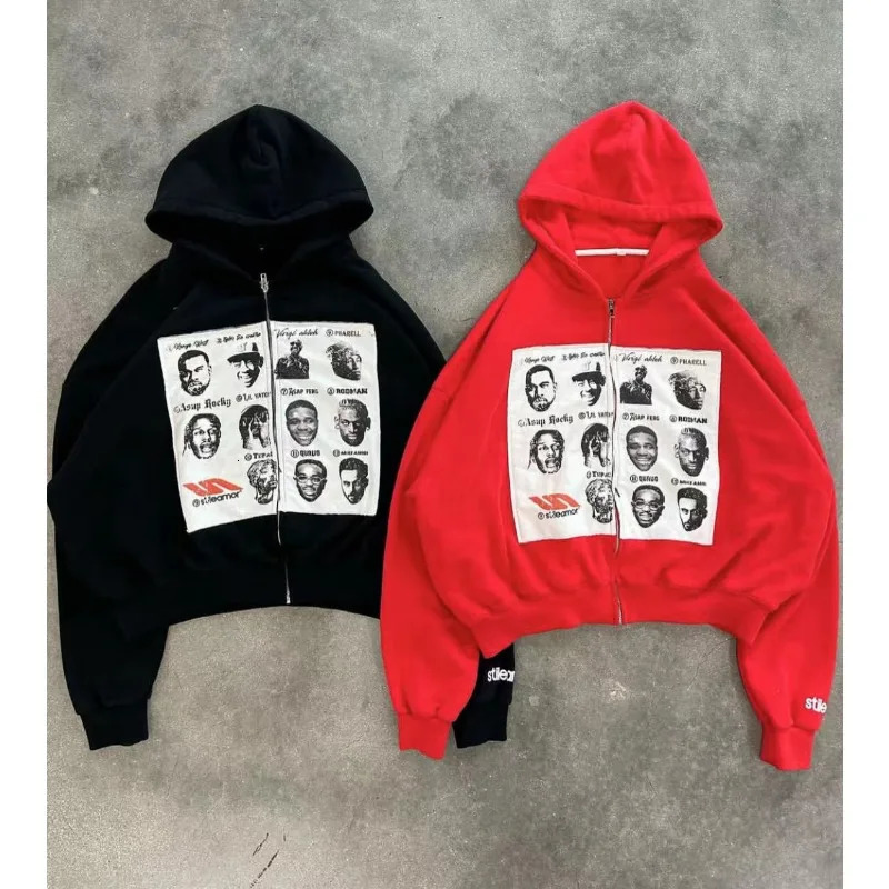 Mens Womens Hoodies High Street Personalized Print Pattern Y2K Style Retro Hooded Cardigan Long Sleeve Top Wear 240702