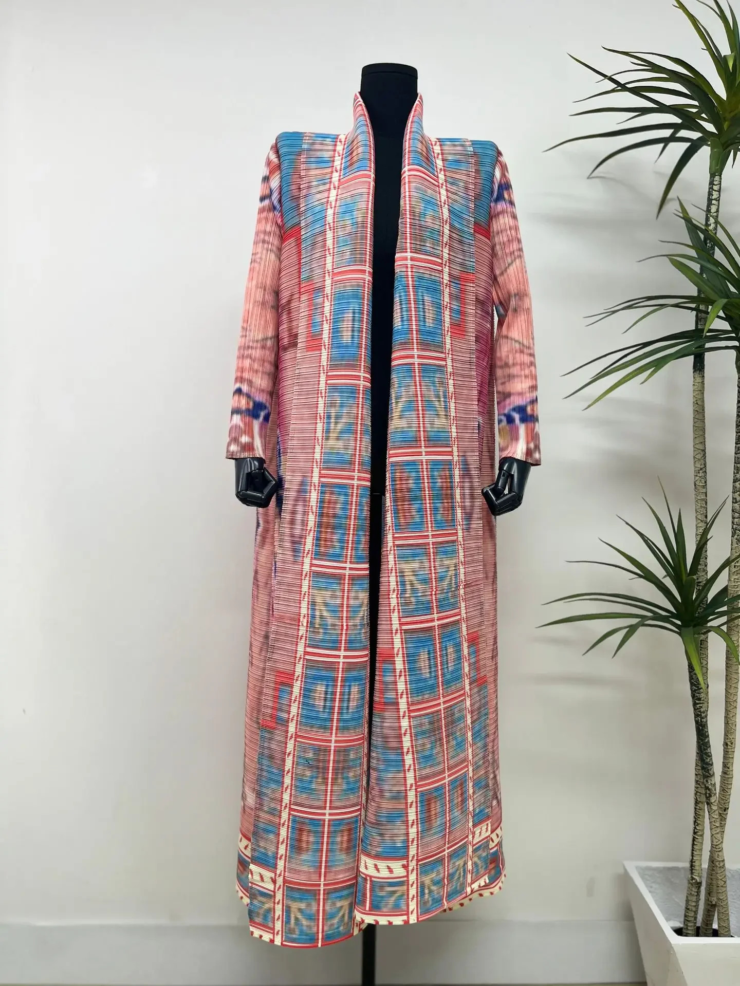 Miyake Pleated Womens Long Cardigan Windbreaker Coat Autumn Ethnic Style Printing Loose Plus Size Dress Cloak Robe 240703