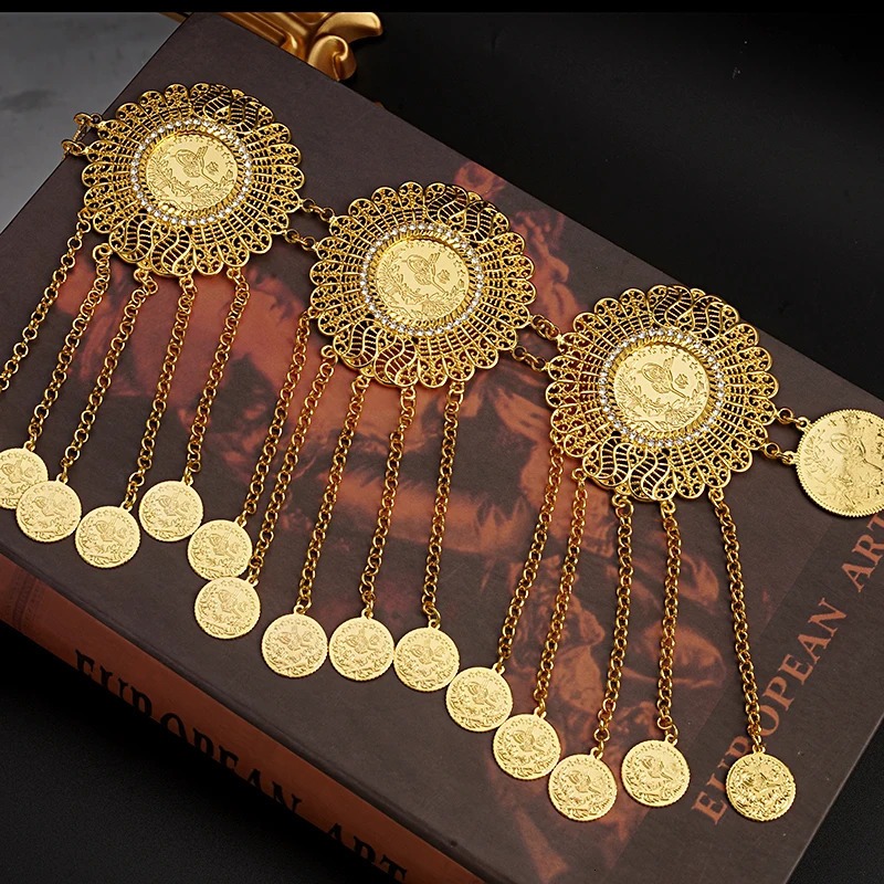 Oman Kurdistan Women Body Chain Coin Tassel Waist Chain Middle East Bridal Jewelry Turkey Coin Gold Plated Belt 240701