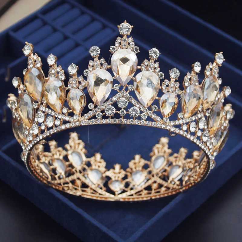 Tiaras Queen Water drop Yellow Crystal Wedding Crown Prom Bride Diadem Pageant Circle Tiaras Headdress Wedding Hair Jewelry