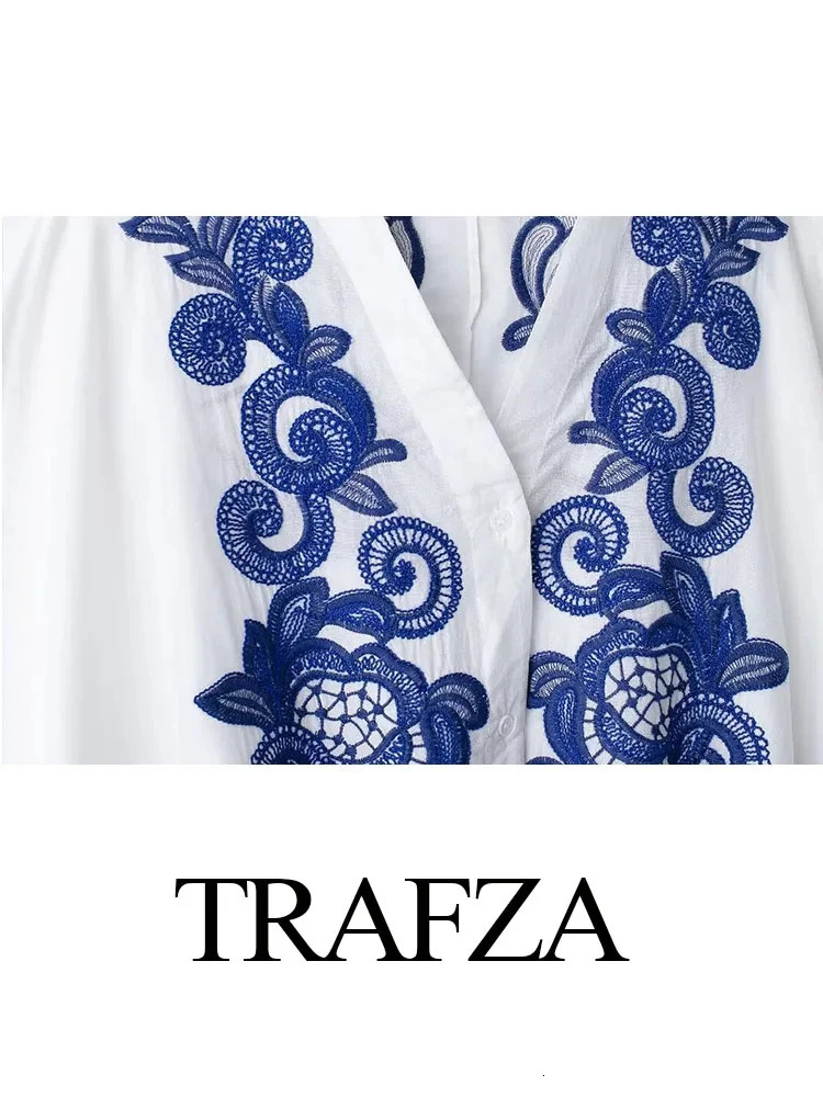 TRAFZA Women Blue Floral Embroidery Shirt Skirts Sets Casual Top High Waist Chic Elegant Womens Pleated Long Skirt TRAF 240704